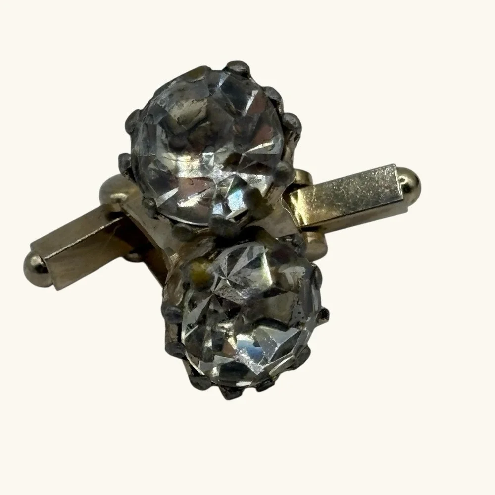 Vintage Cufflinks Large Faceted Crystal Prong Set Gold Tone Formal Suit‎ READ